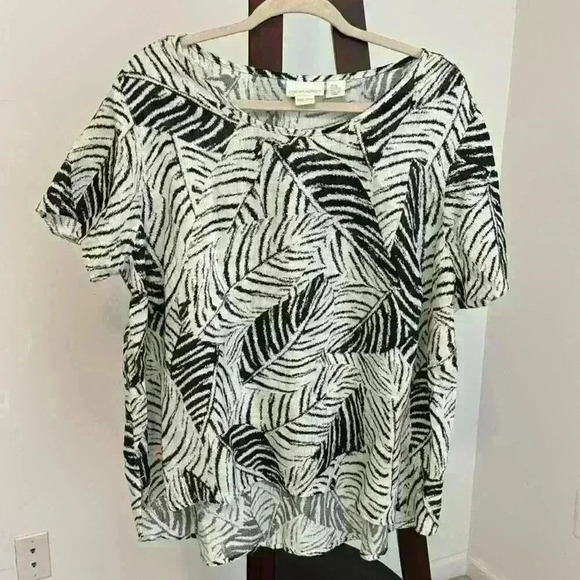 Cynthia Rowley Black/White Leaves Print 100% Linen Short Sleeve Blouse Sz 2X - Picture 1 of 6